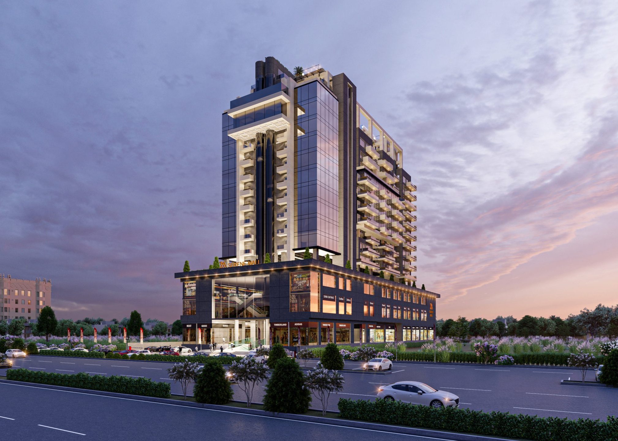 Serene Mall DHA Phase 3 Islamabad - Evening Exterior Render